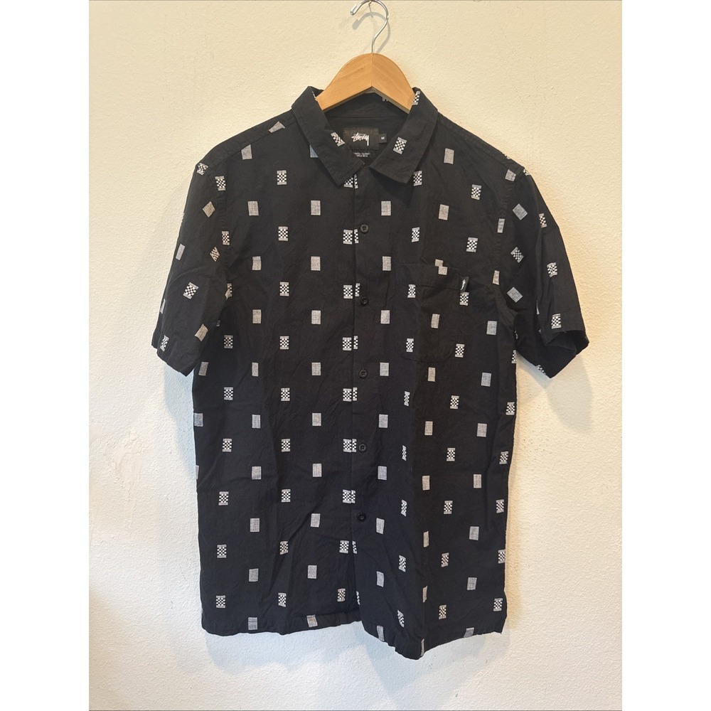 Stussy AOP Short Sleeve Button Up Shirt Mens Medium Black Graphic Print Cotton
